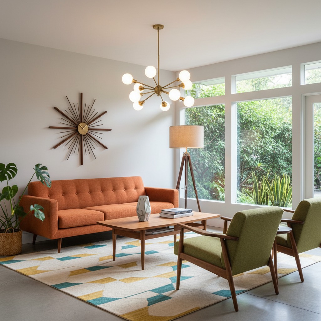 Examples of mid-century modern light fixtures and furniture.