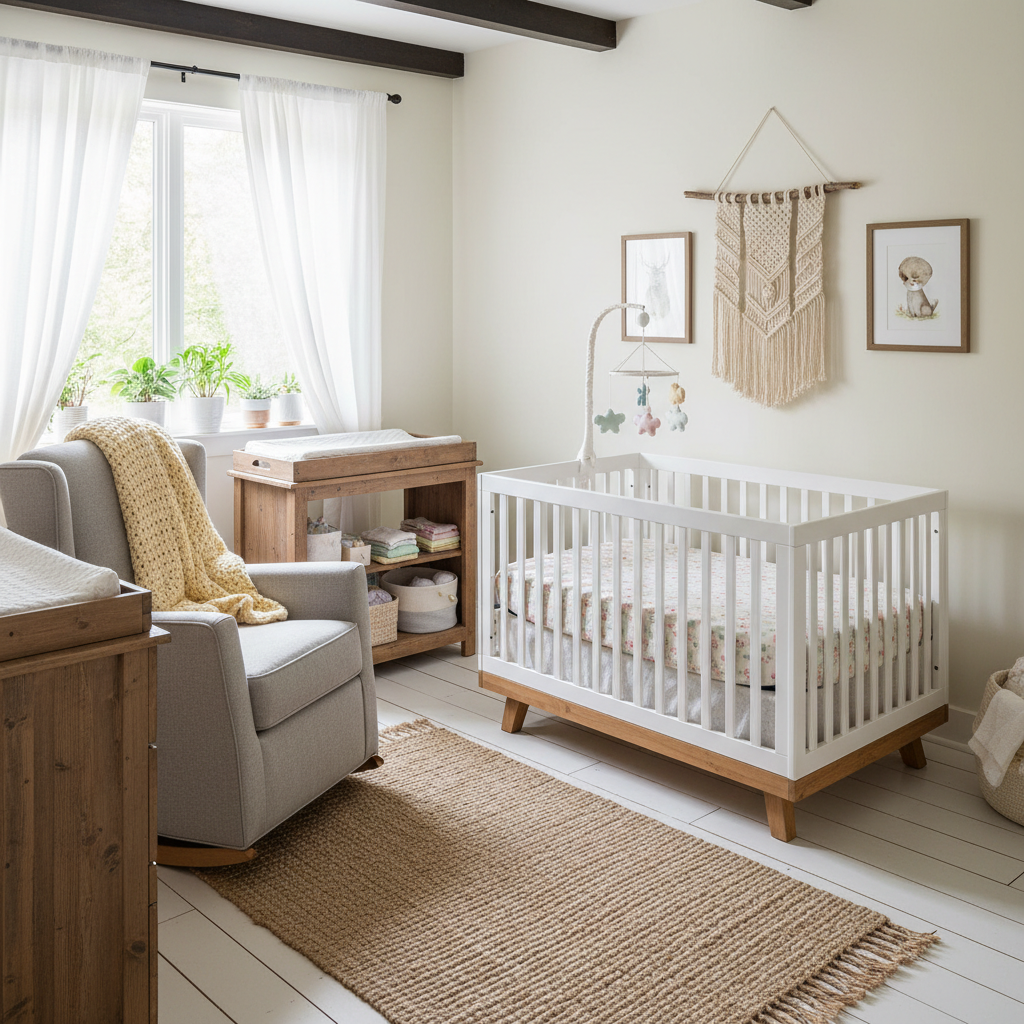 A cozy farmhouse nursery featuring wooden furniture, soft pastel colors, and rustic decor.