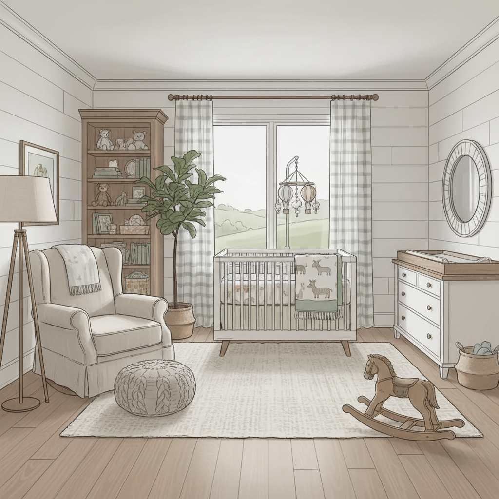 Digital sketch of a farmhouse nursery layout created using AI.