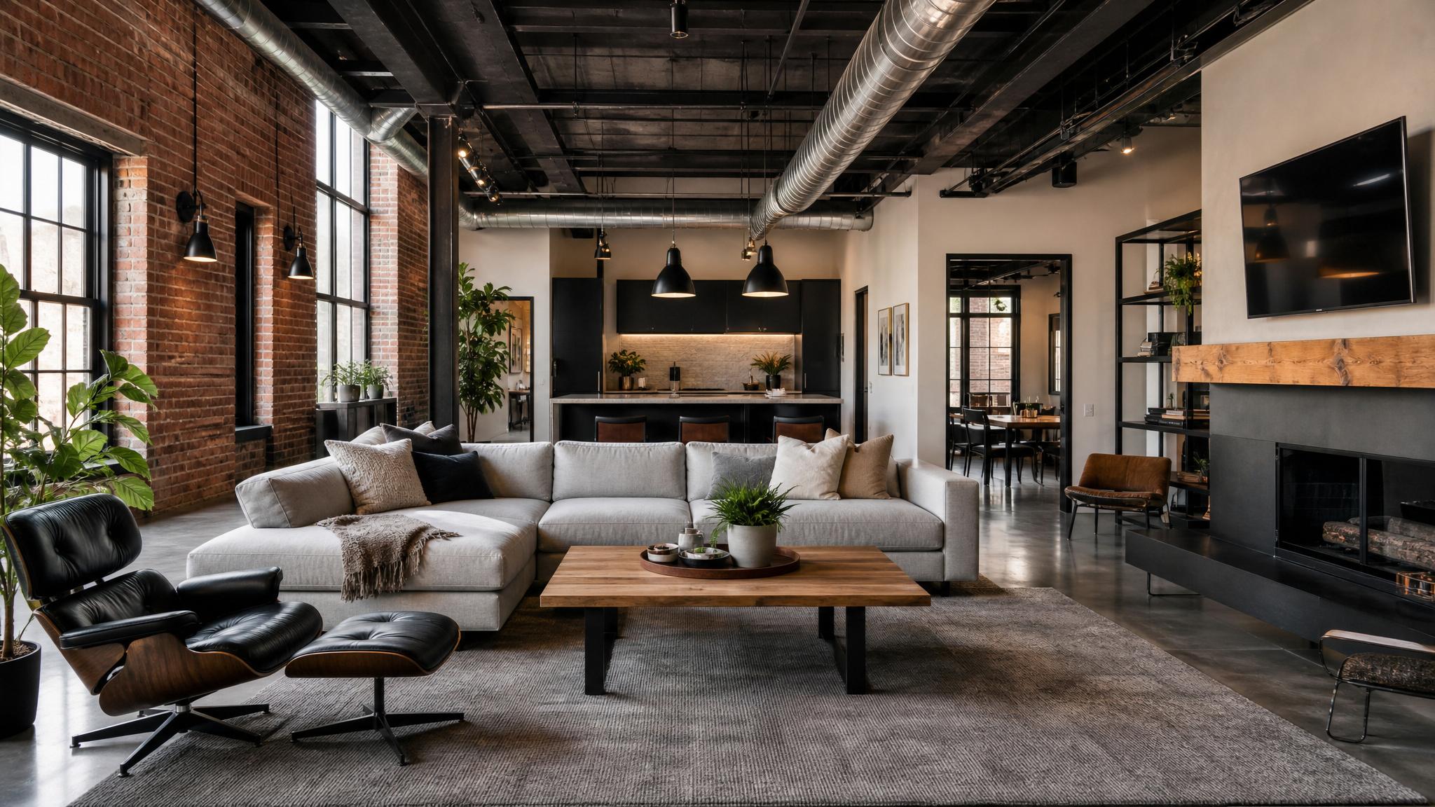 A stylish industrial open-plan living room with raw materials and modern decor.