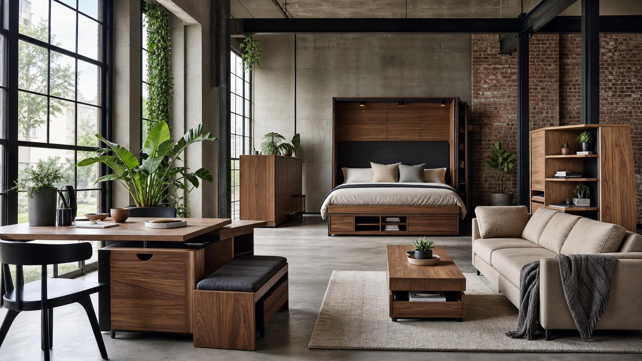 A collection of multifunctional furniture pieces in an industrial setting.