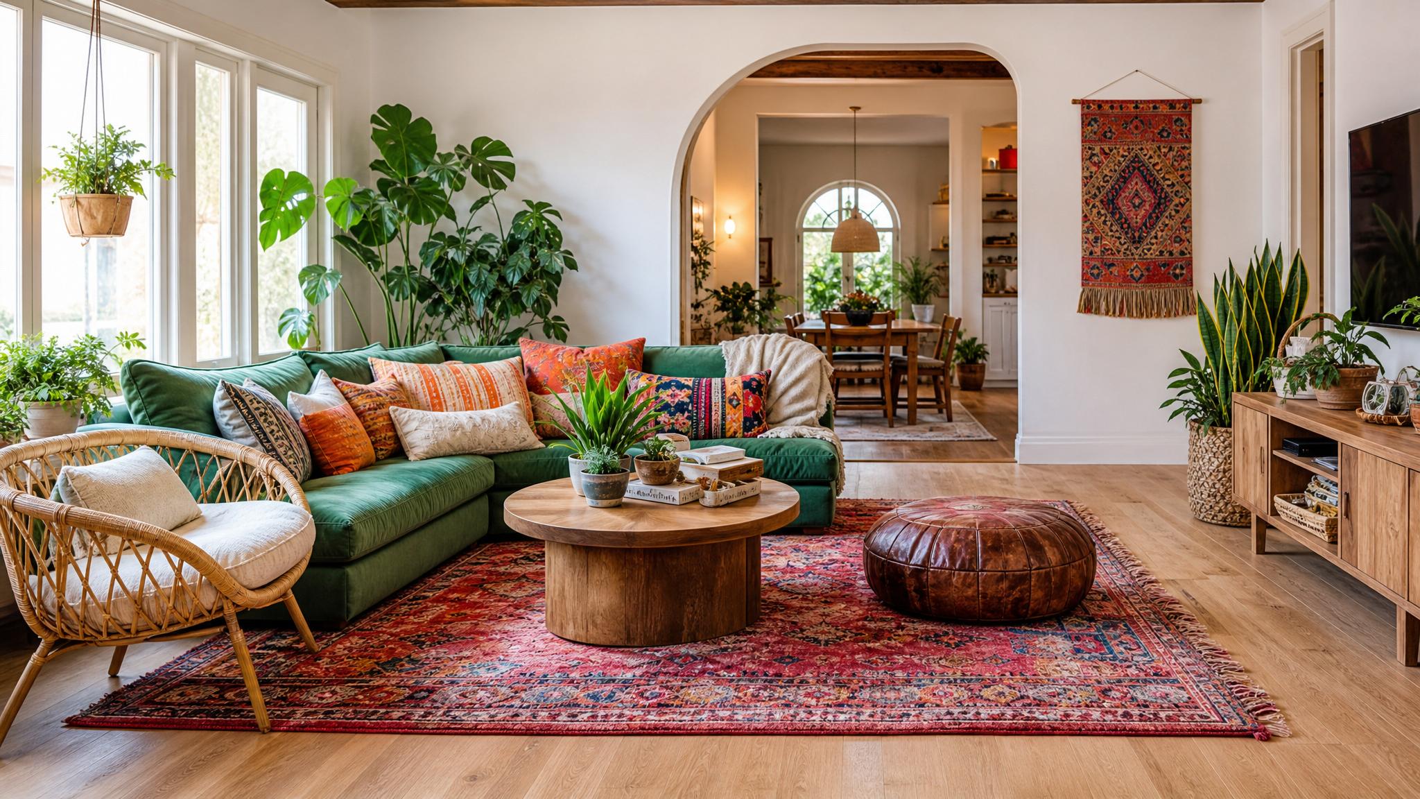A vibrant bohemian living room with bright colors, layered textiles, and greenery.