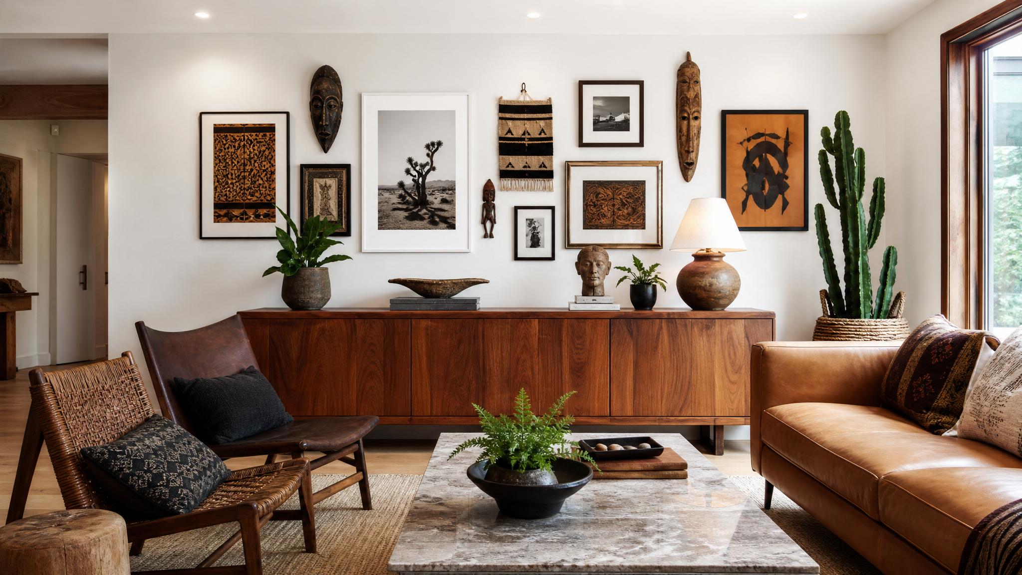 An eclectic wall art collection showcasing different cultural influences.