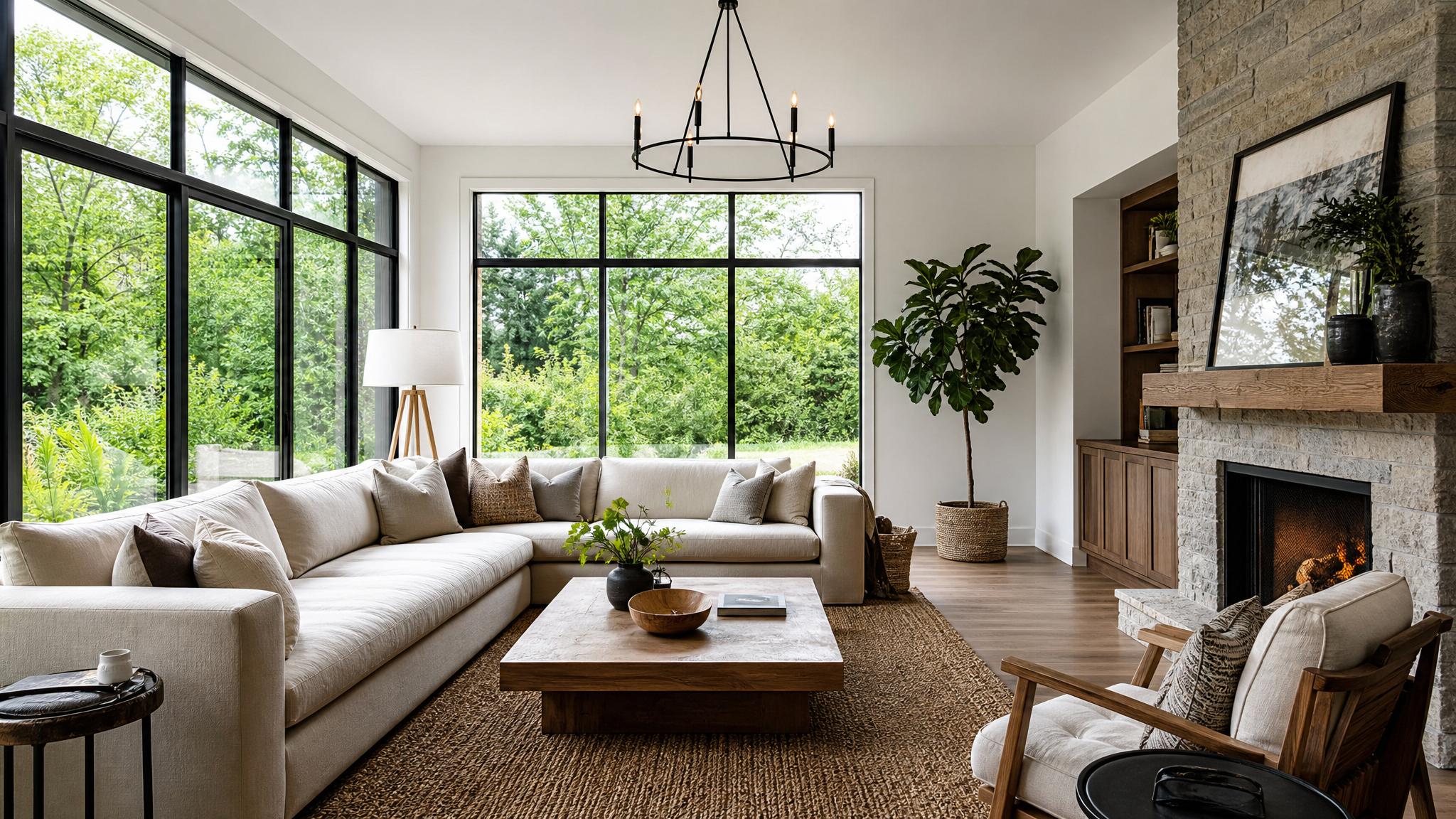 A bright living room featuring large windows with greenery visible outside.