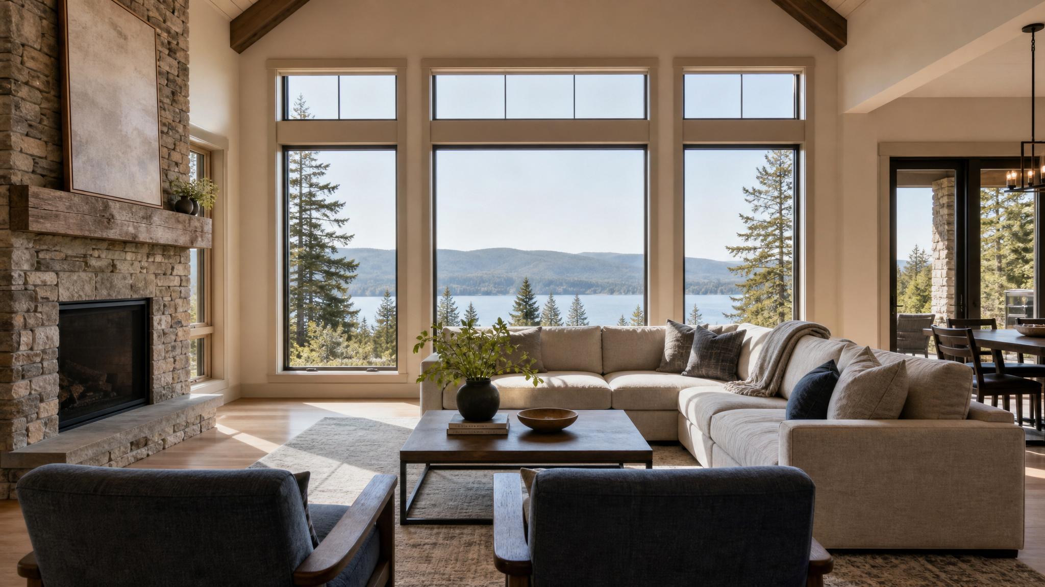 An inviting living room with comfortable seating arranged to face large windows.