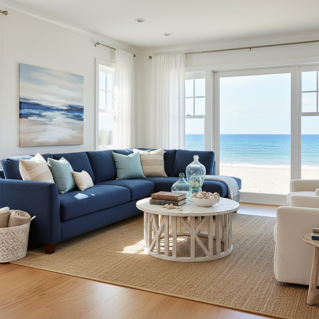 A color palette featuring ocean blues, sandy beiges, and crisp whites.
