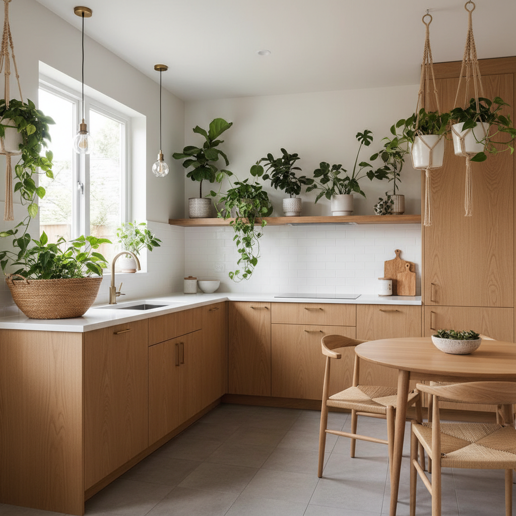 A beautifully designed small kitchen with plants and natural wood finishes.