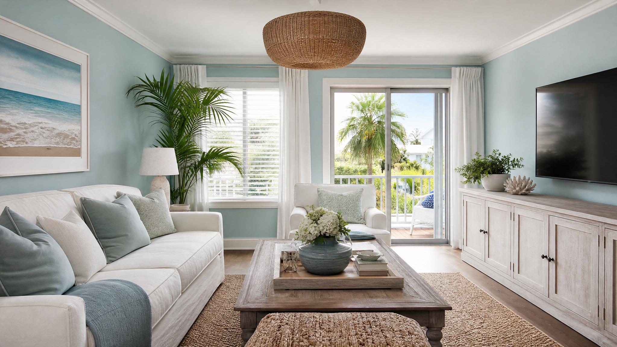 Coastal living room with soft blue walls and whitewashed furniture