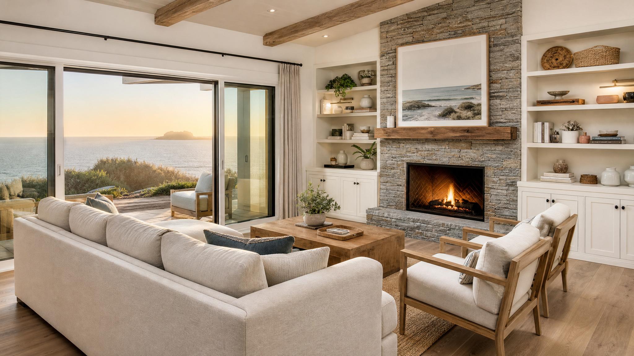 Furniture arrangement in a coastal living room with a focus on natural views