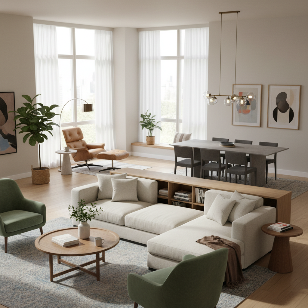 Open-plan living space with furniture arranged to create defined zones.