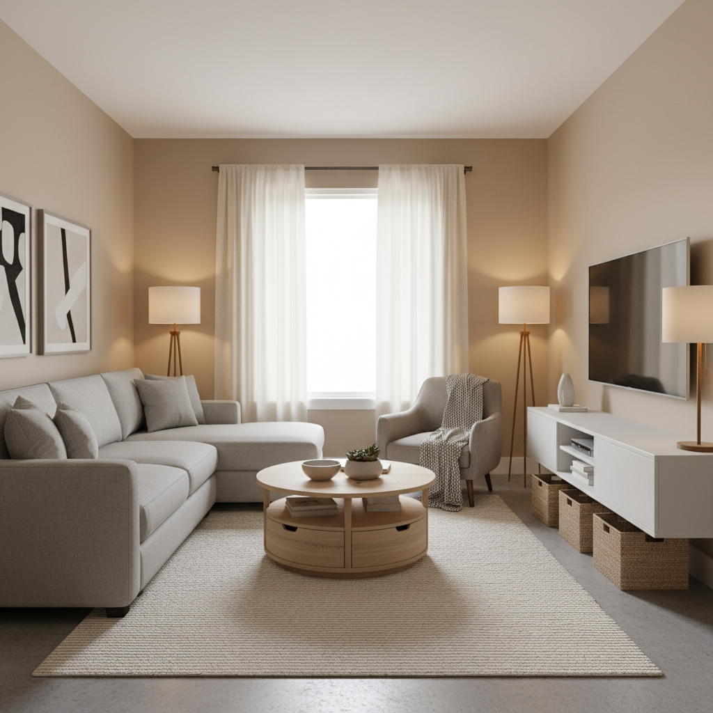 Image showing a neutral color palette and functional furniture in a small living room