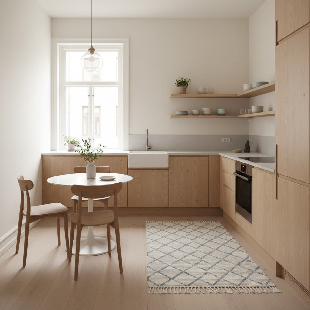 A beautifully designed Nordic small kitchen with light colors and wooden textures.