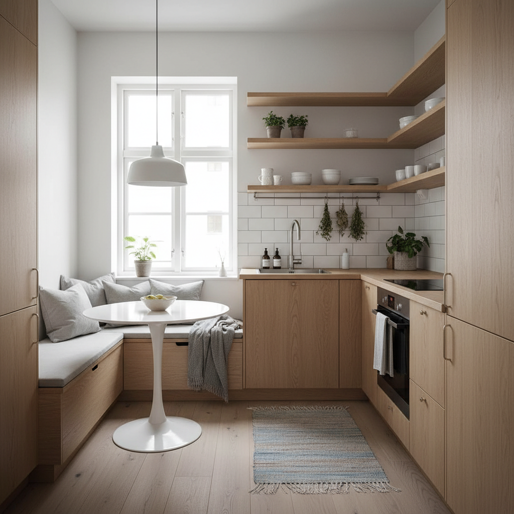 AI-generated layout of a small Nordic kitchen demonstrating effective use of space.
