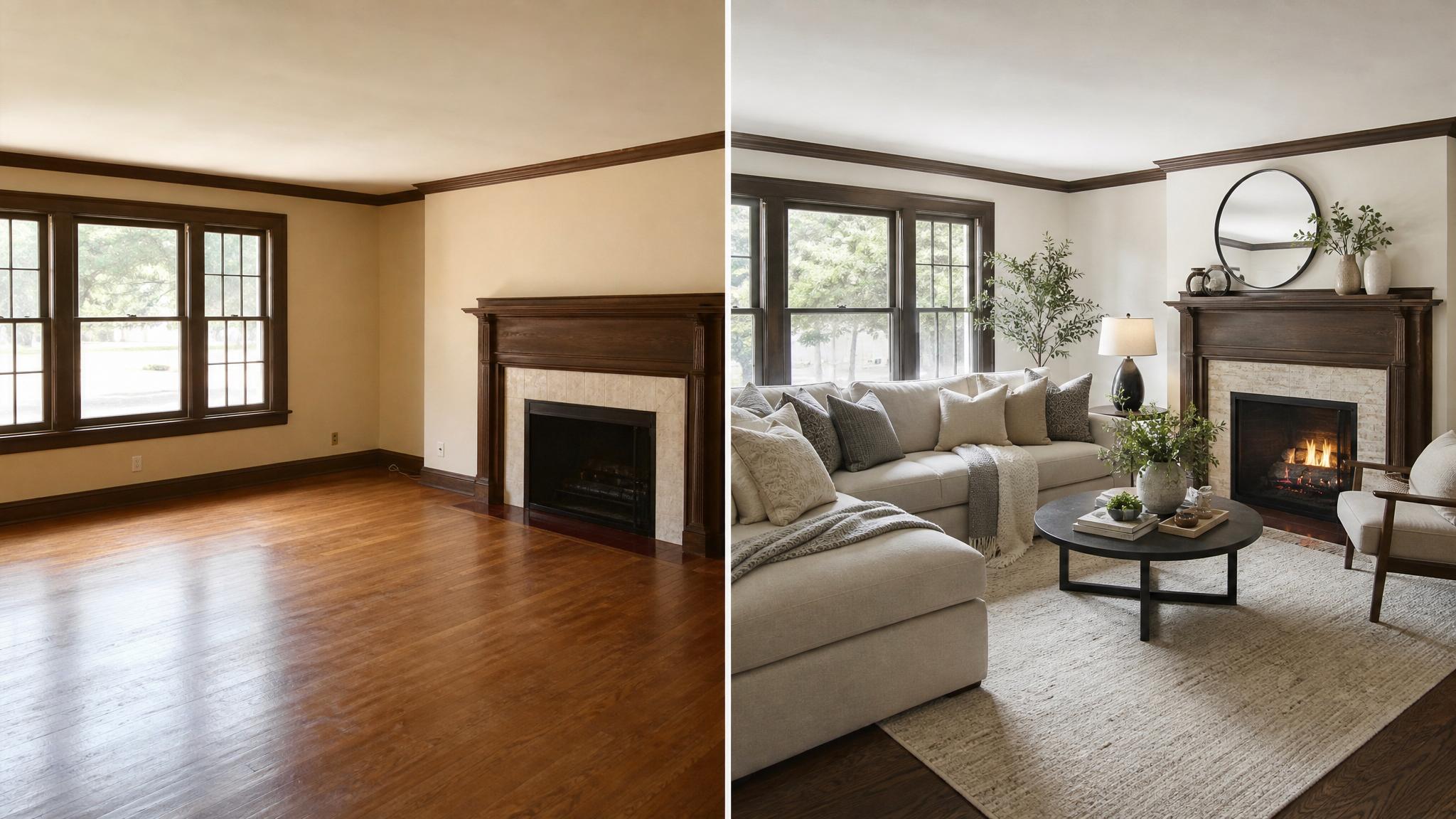 Before and after of a cohesive living room design.