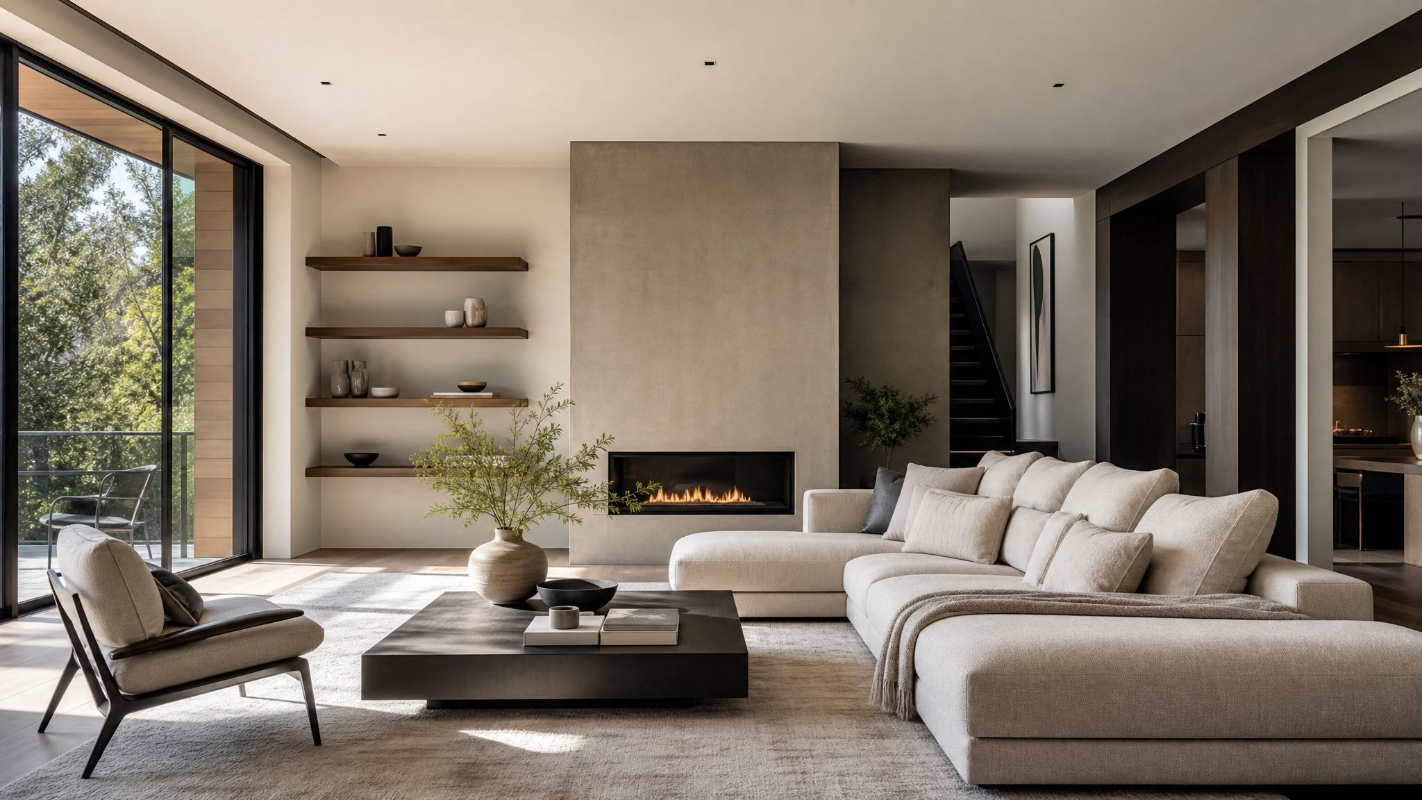 A modern living room interior design showcasing clean lines and minimal decor.
