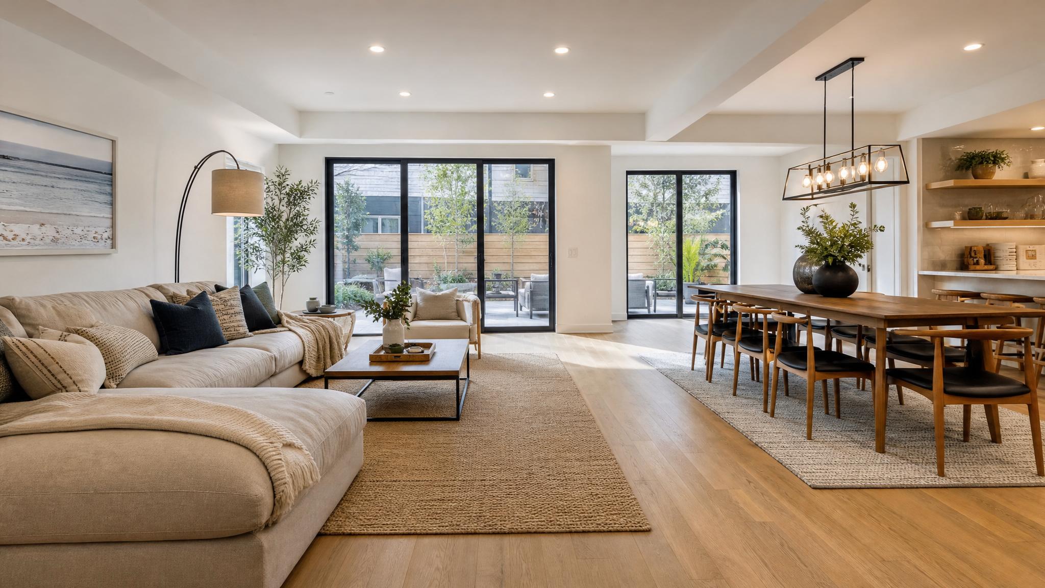 An open concept living room with a modern sofa and dining area.