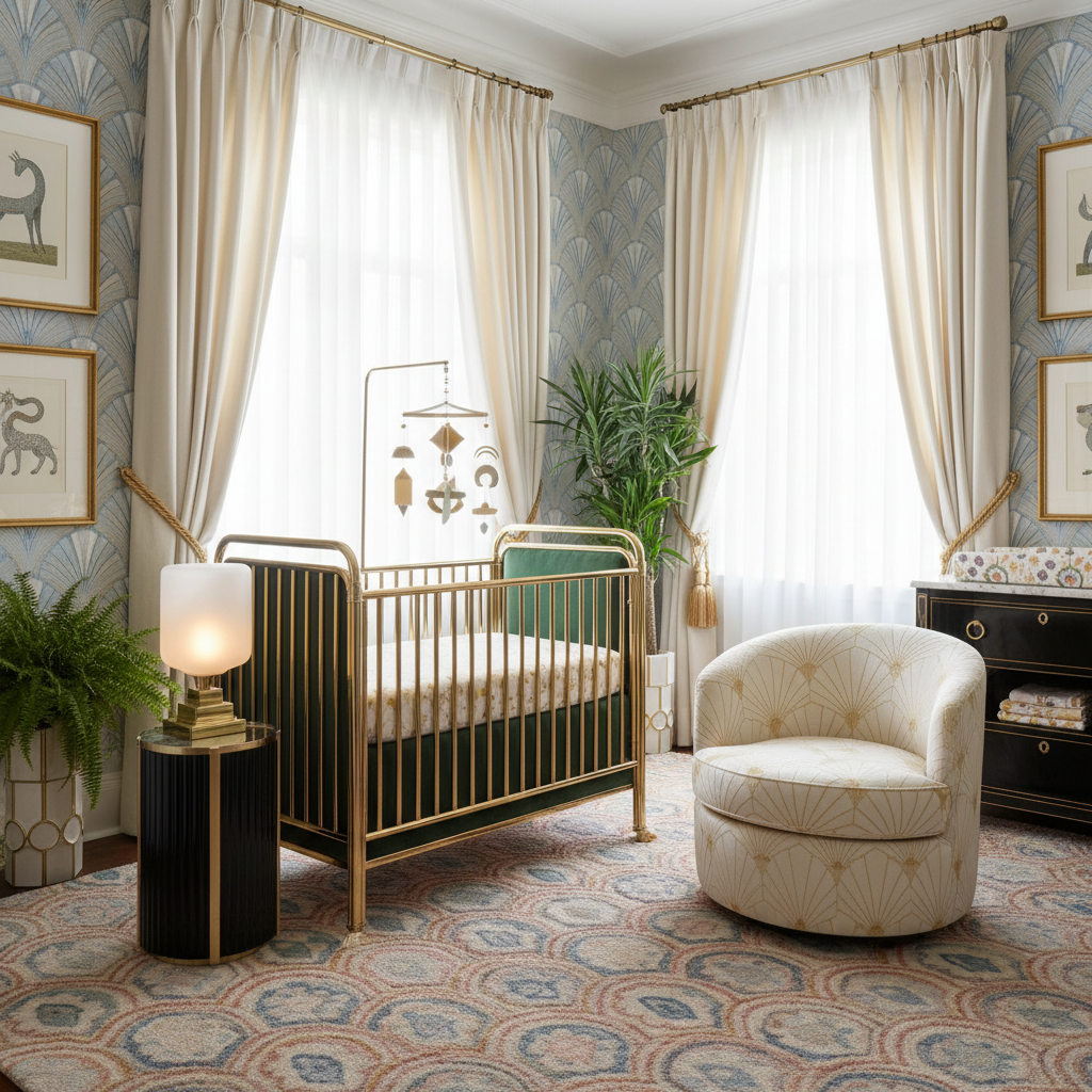 Lush fabrics and elegant furniture in an Art Deco nursery
