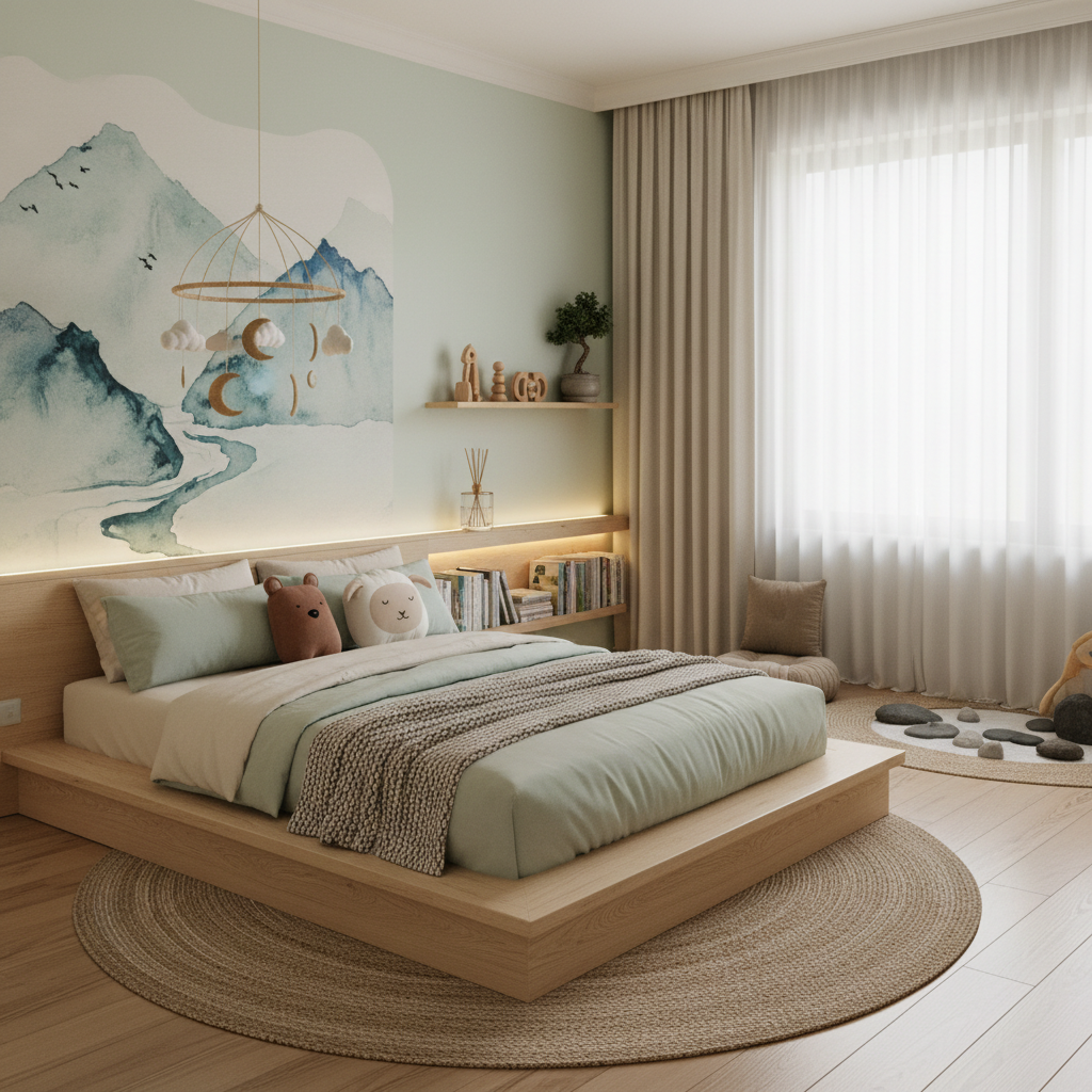 A serene zen kids bedroom with calming colors and natural elements.