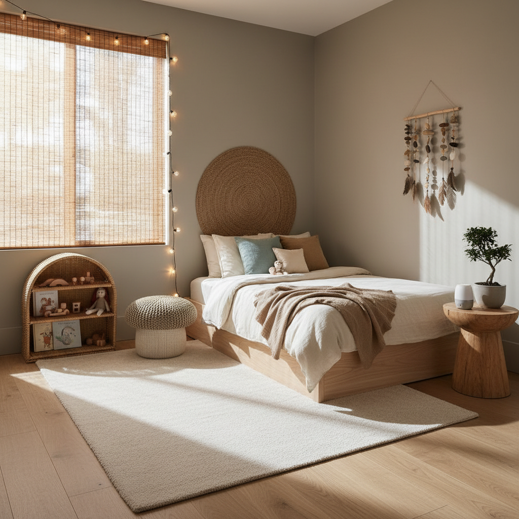 Examples of natural materials and decor elements for a zen kids bedroom.
