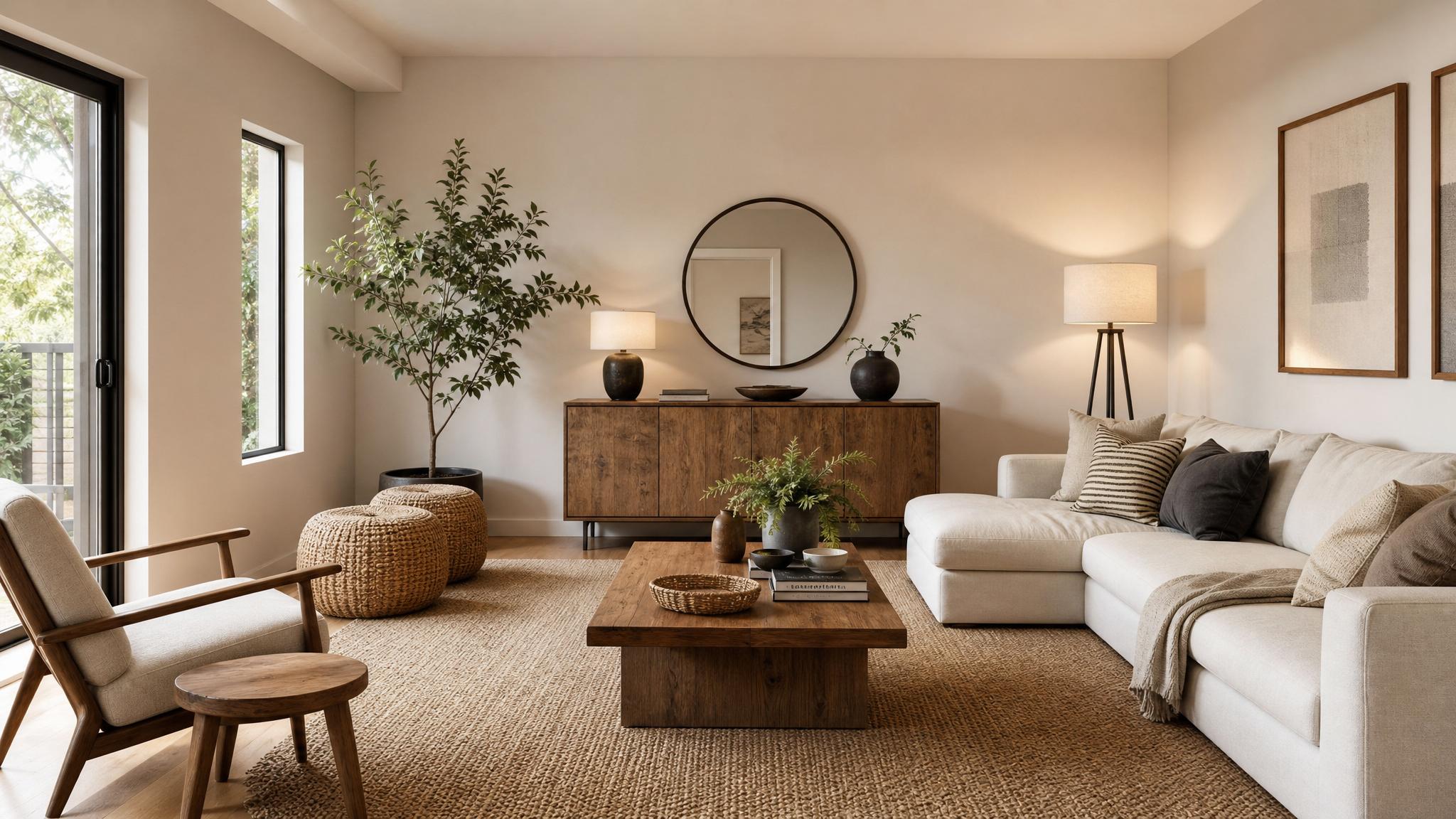 Image of a warm minimalist living room with neutral tones and textured accents.