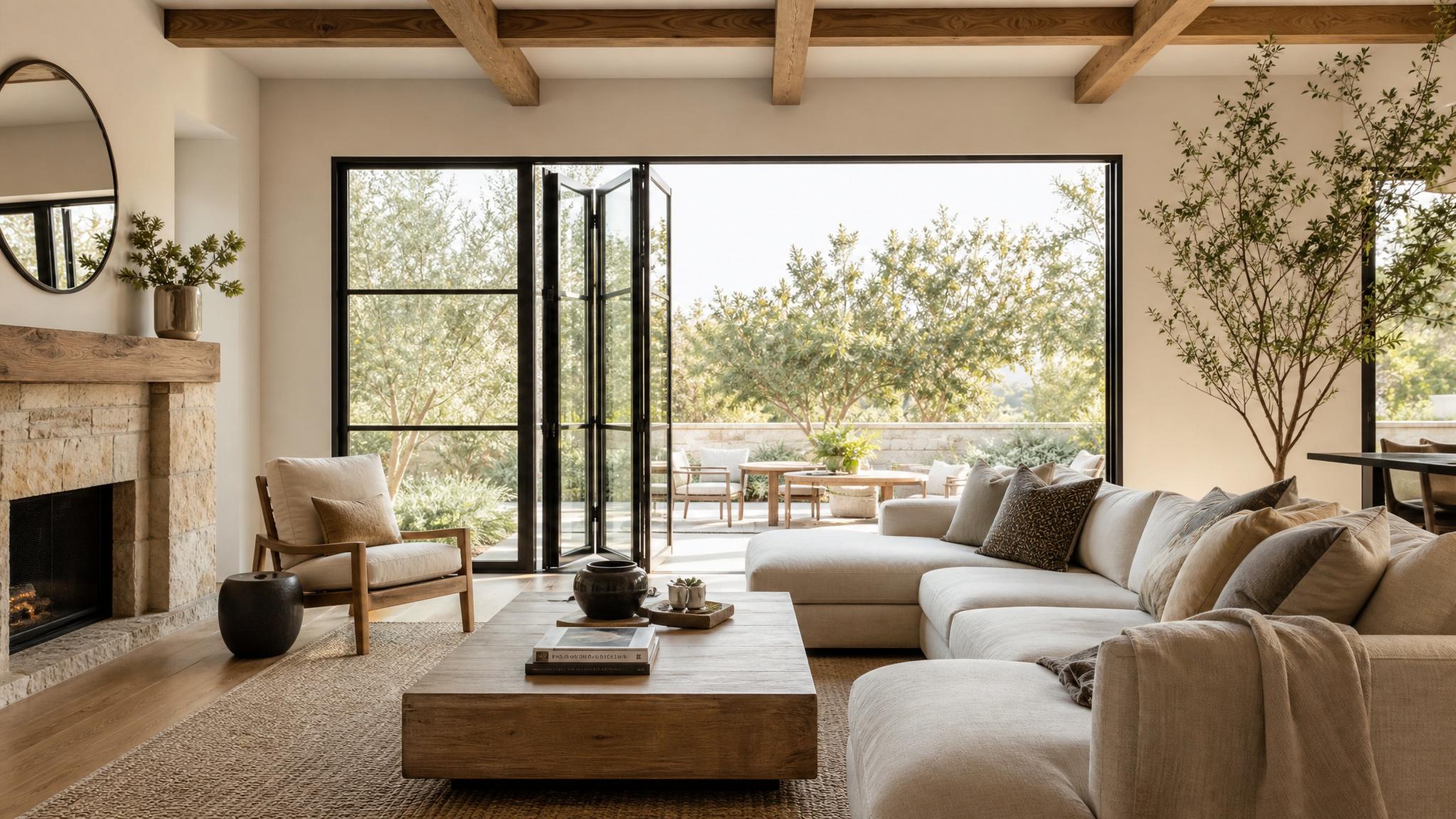 Image of a warm minimalist living room filled with natural light and earthy tones.
