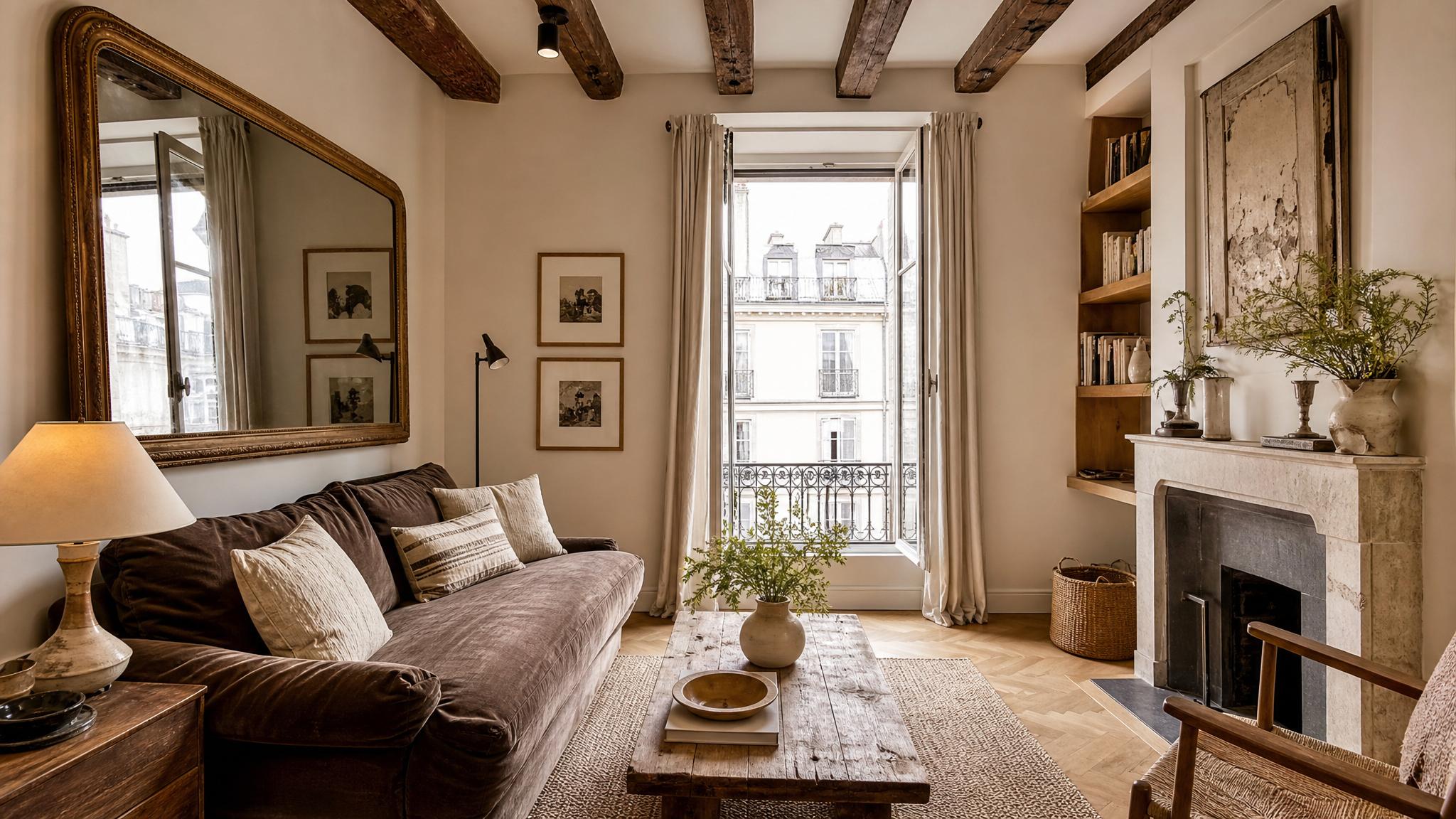 Stylish small Parisian living room with rustic decor