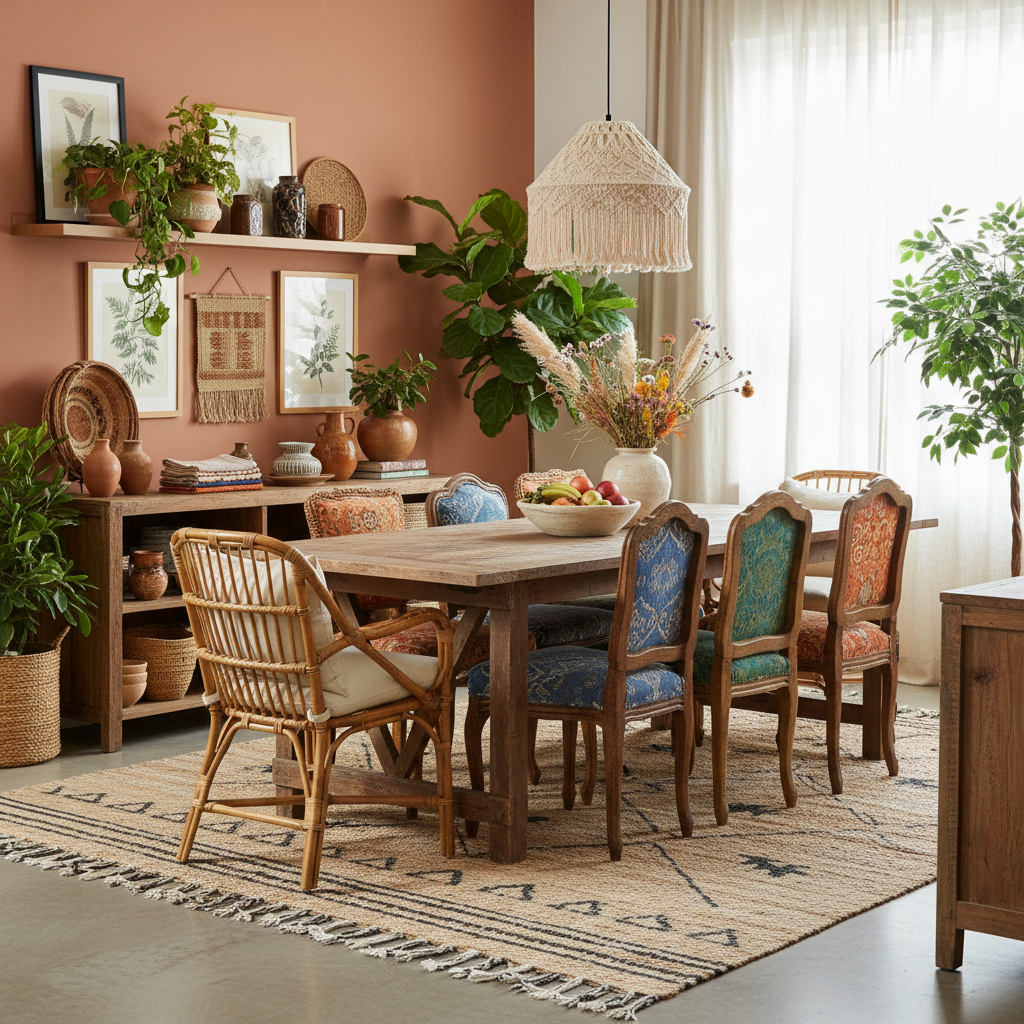 A beautifully styled bohemian dining room featuring varied textures and colors.