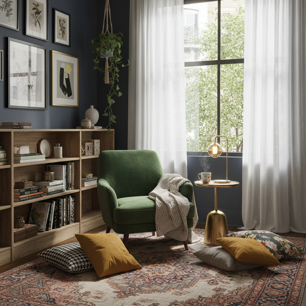 A cozy eclectic reading nook featuring a mix of vintage and modern furniture.