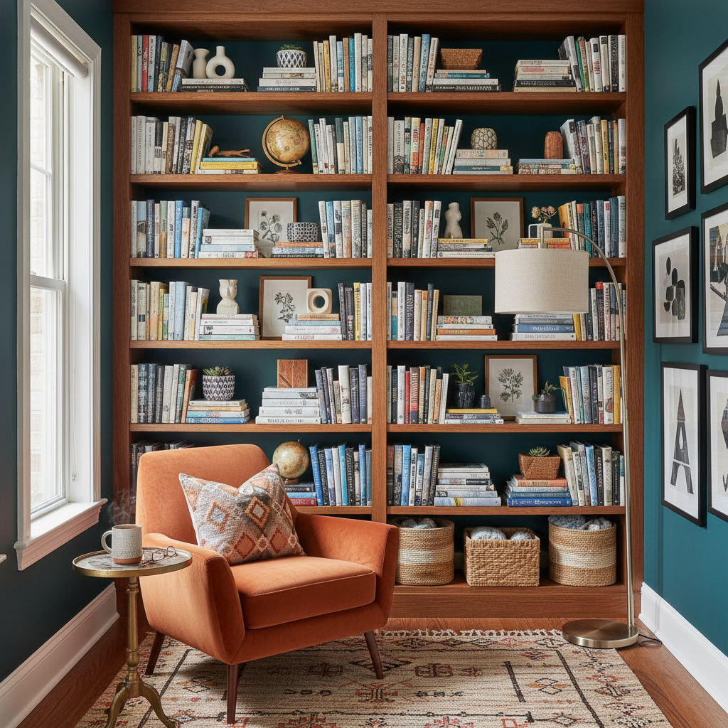 A stylish bookshelf filled with books and decorative items in an eclectic reading nook.