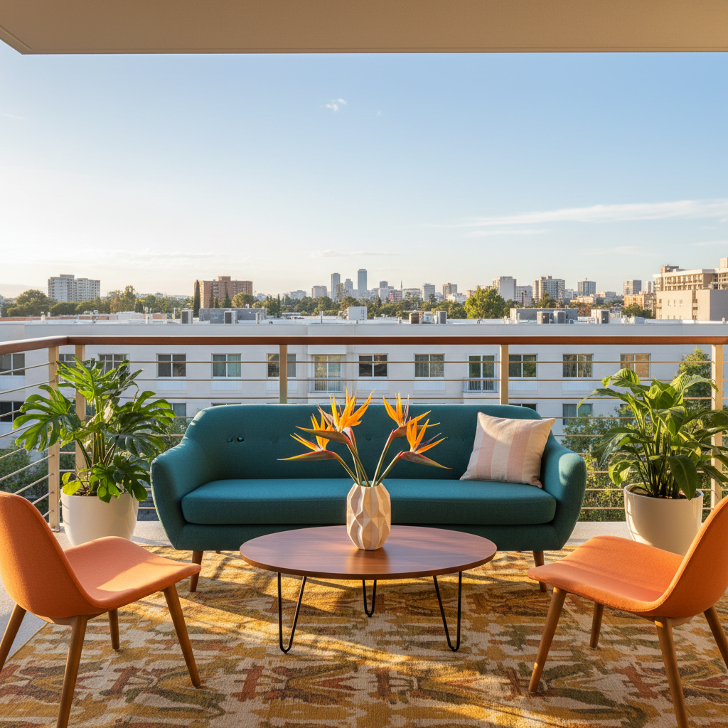 Mid-century modern balcony featuring sleek furniture and vibrant colors.