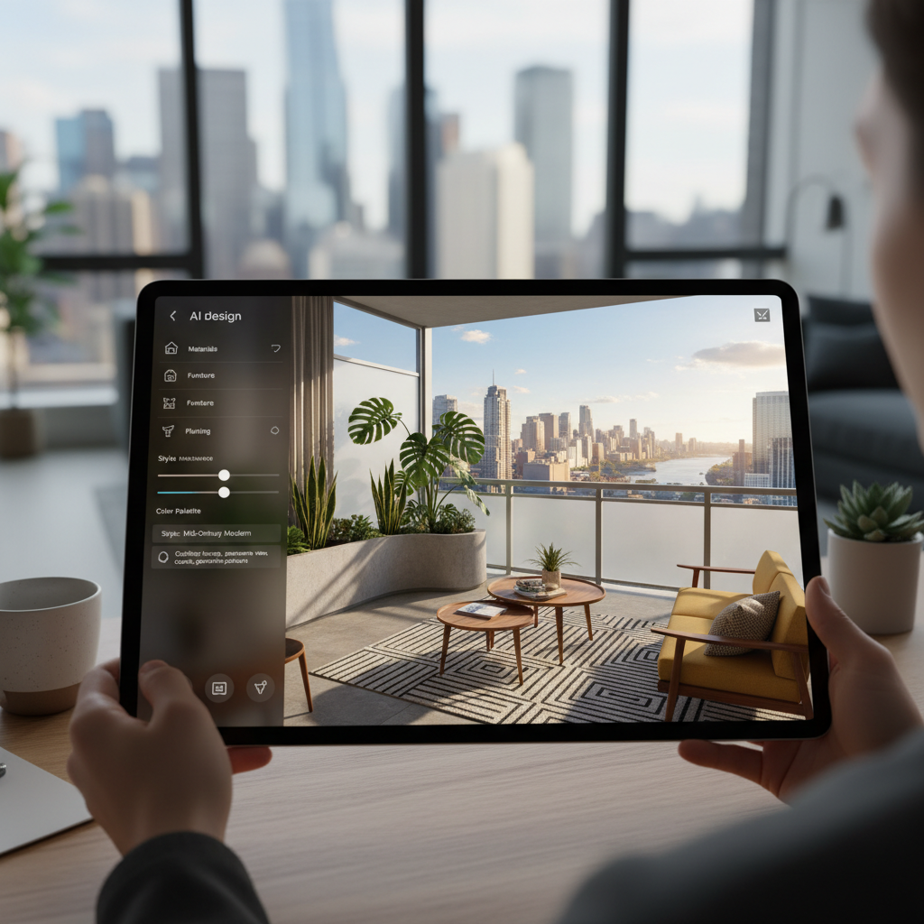 AI tool interface generating mid-century modern balcony design.