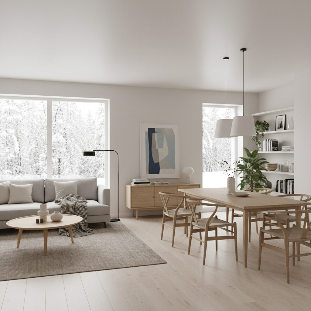 Interiors showcasing modern Scandinavian furniture in a virtual setting.