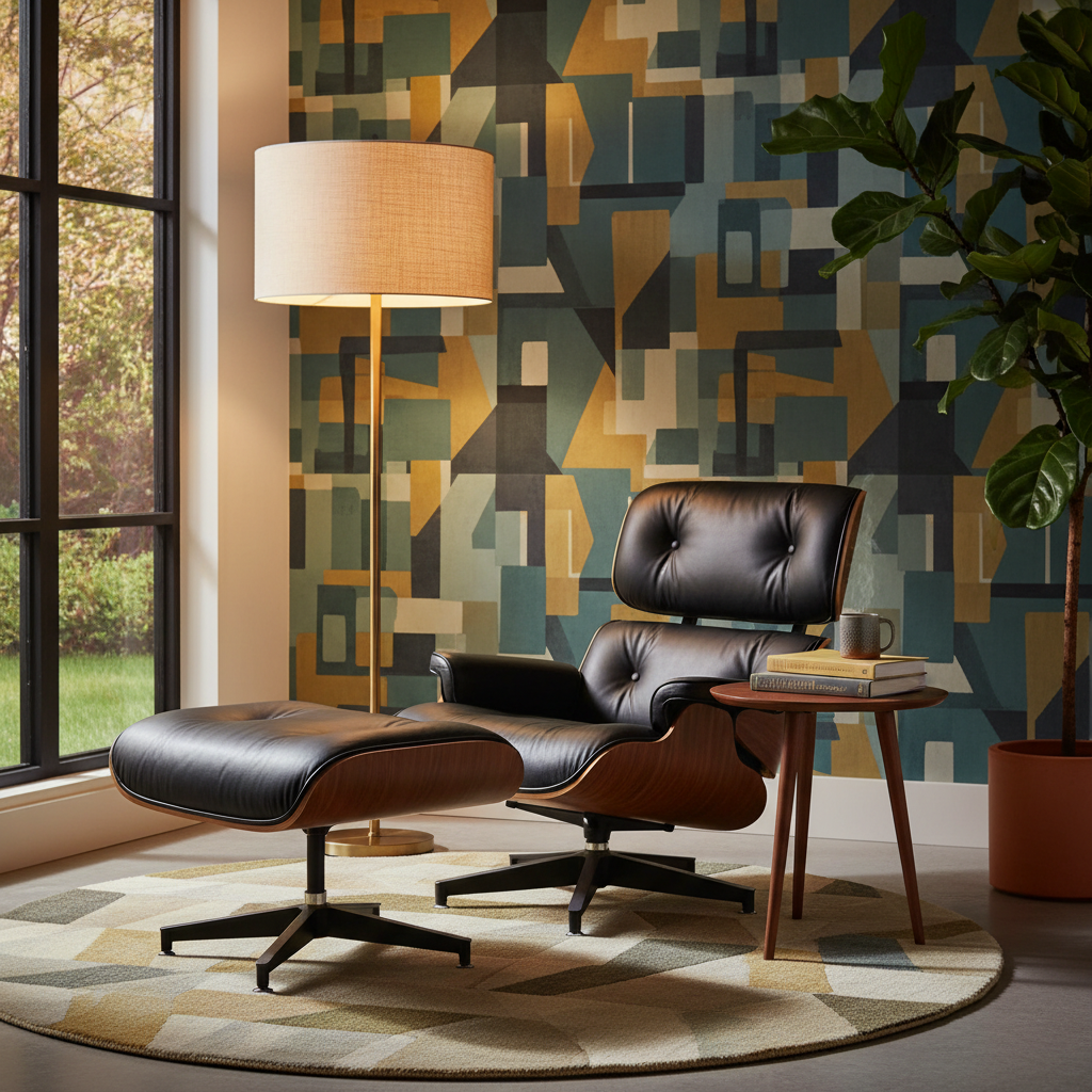 A mid-century modern reading nook showcasing an iconic Eames chair, soft lighting, and geometric patterns.