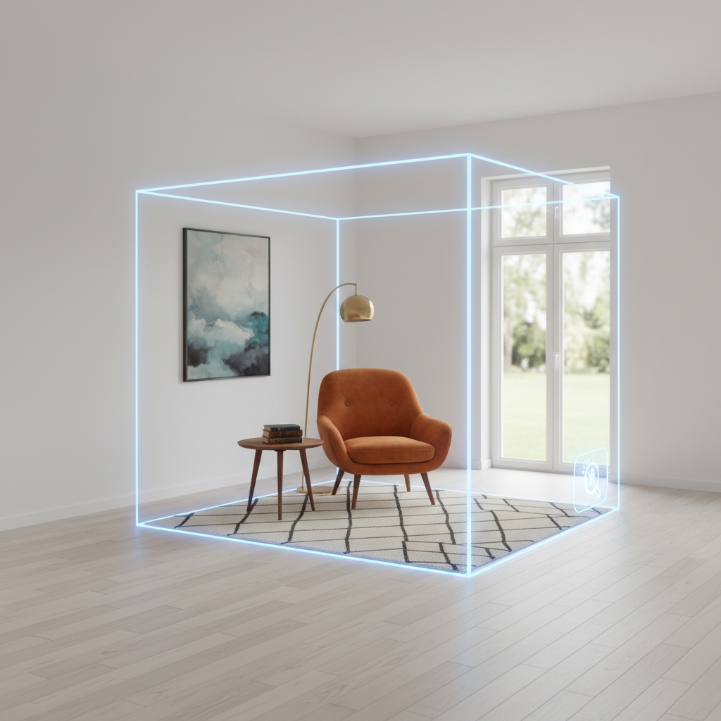 Visual representation of a virtual staging tool showing a mid-century modern reading nook in 3D.