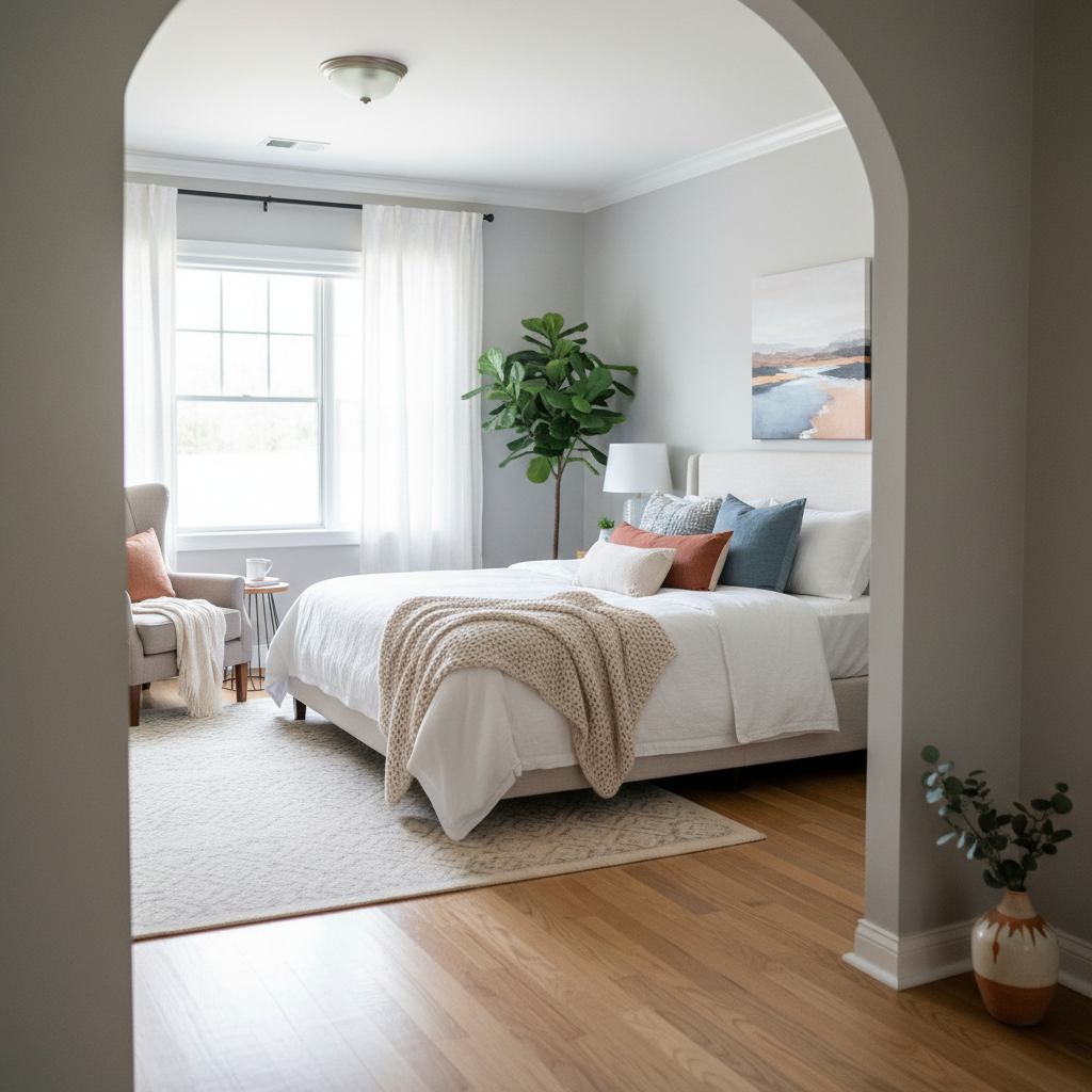 Example of a creatively framed guest bedroom shot