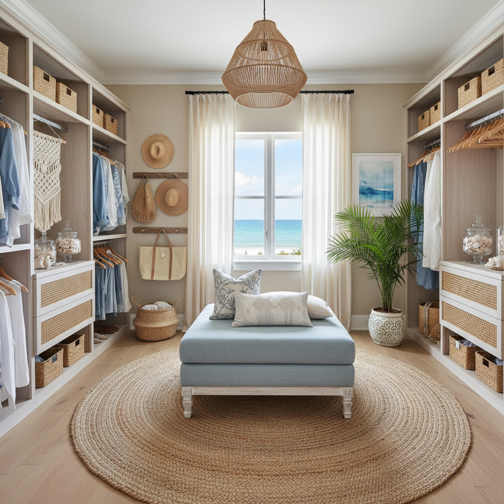 Image of a coastal-themed walk-in closet, showcasing light colors, natural materials, and beach-inspired decor.