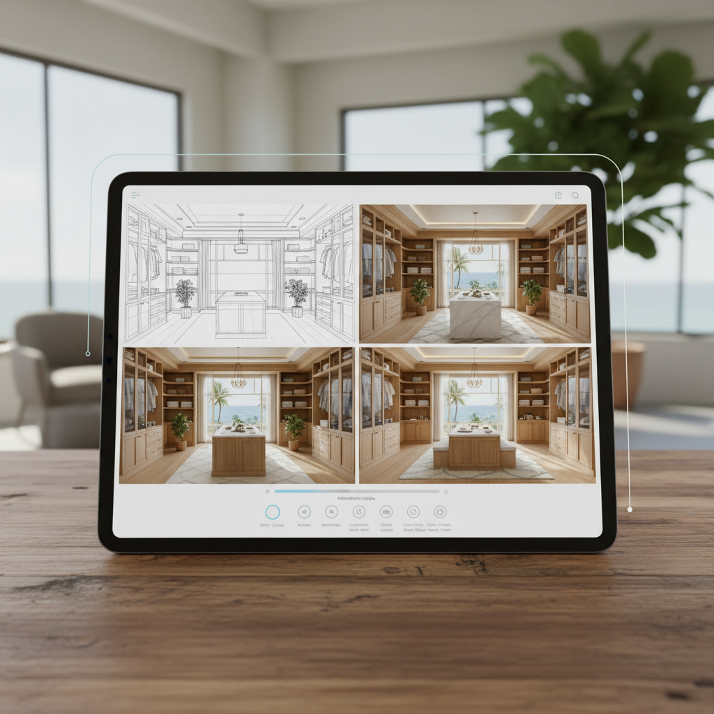 Image of an AI interface showcasing the design process of a coastal walk-in closet.