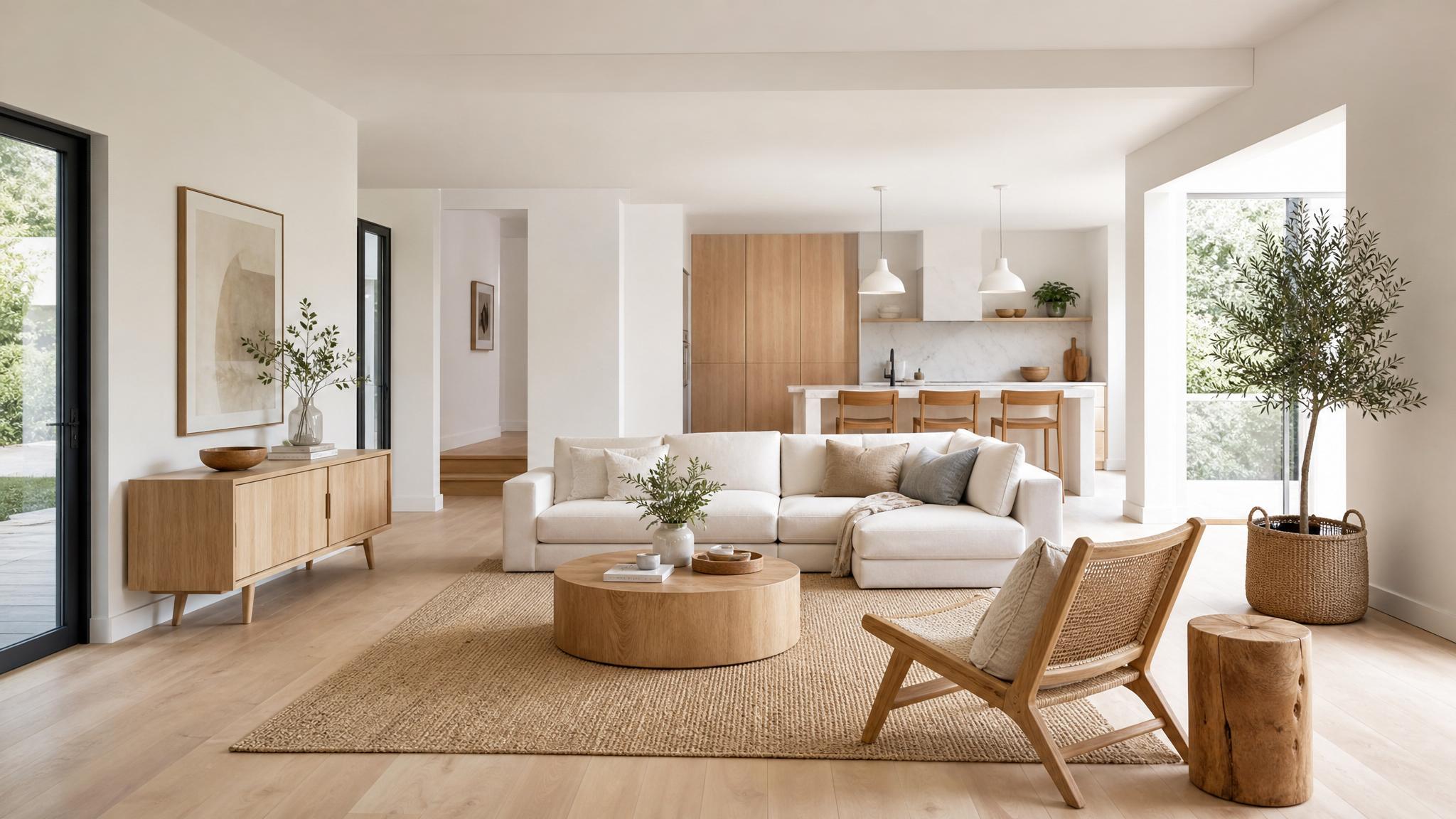 A stylish Scandinavian living room layout showcasing open spaces and light furniture.