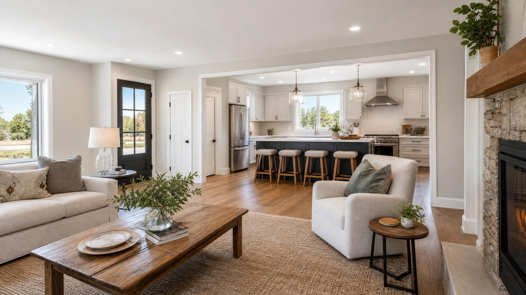 A fresh, neutrally painted open-plan living room