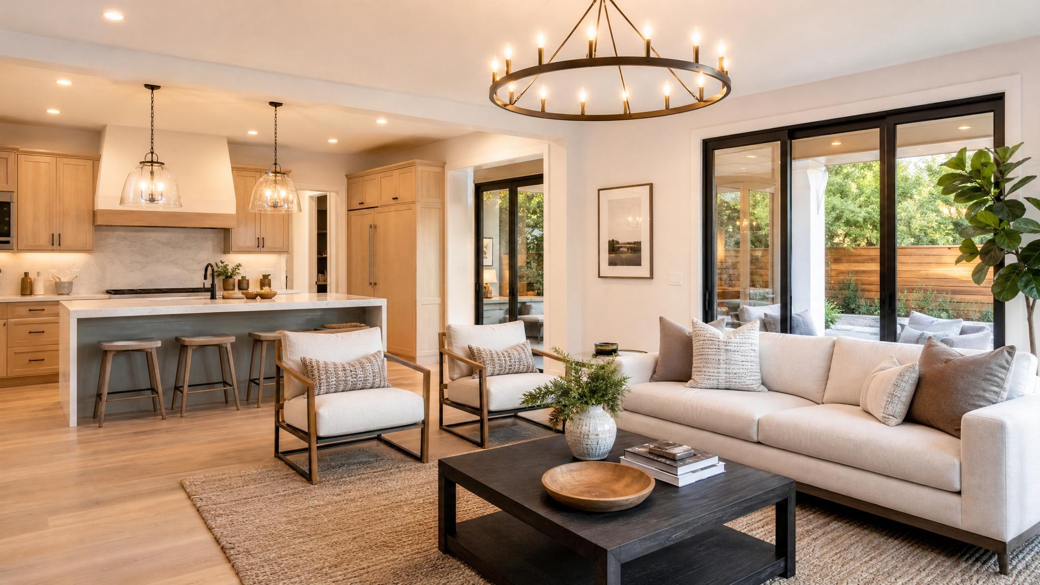 Modern lighting fixtures in an open-plan living room