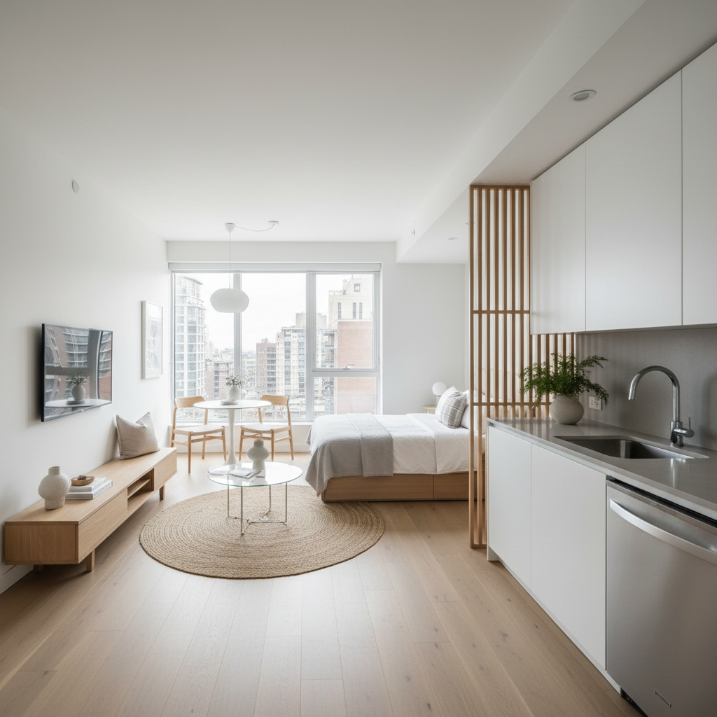 A modern studio apartment with minimalist design elements.