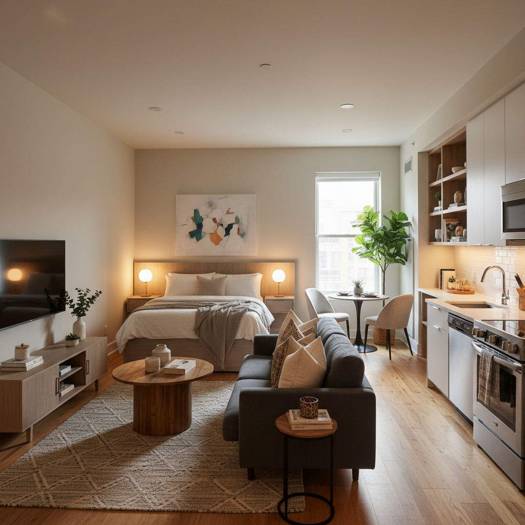 A cozy studio with a neatly organized open space, highlighting functional furniture.