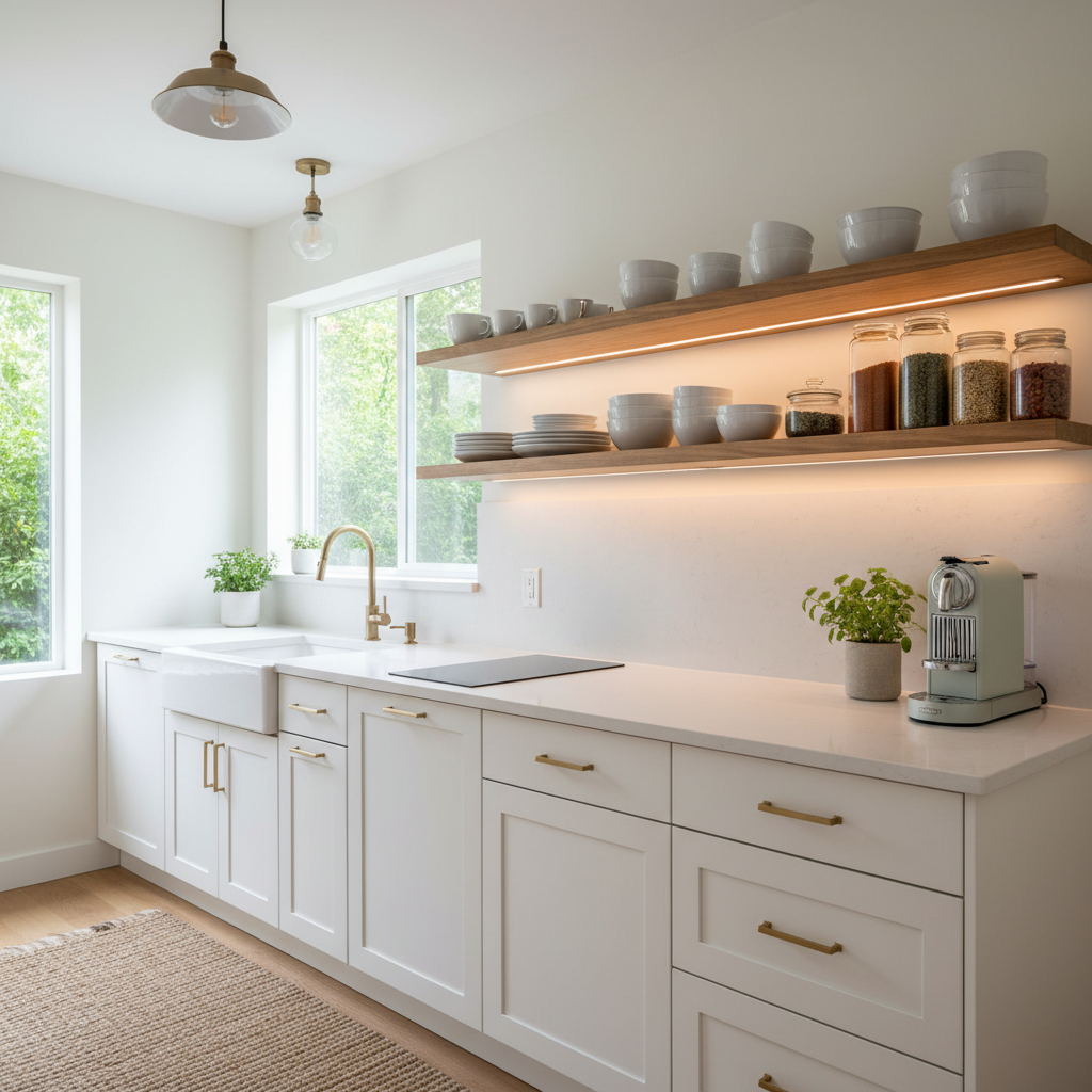 A neatly styled small kitchen showcasing clean countertops and organized shelves.