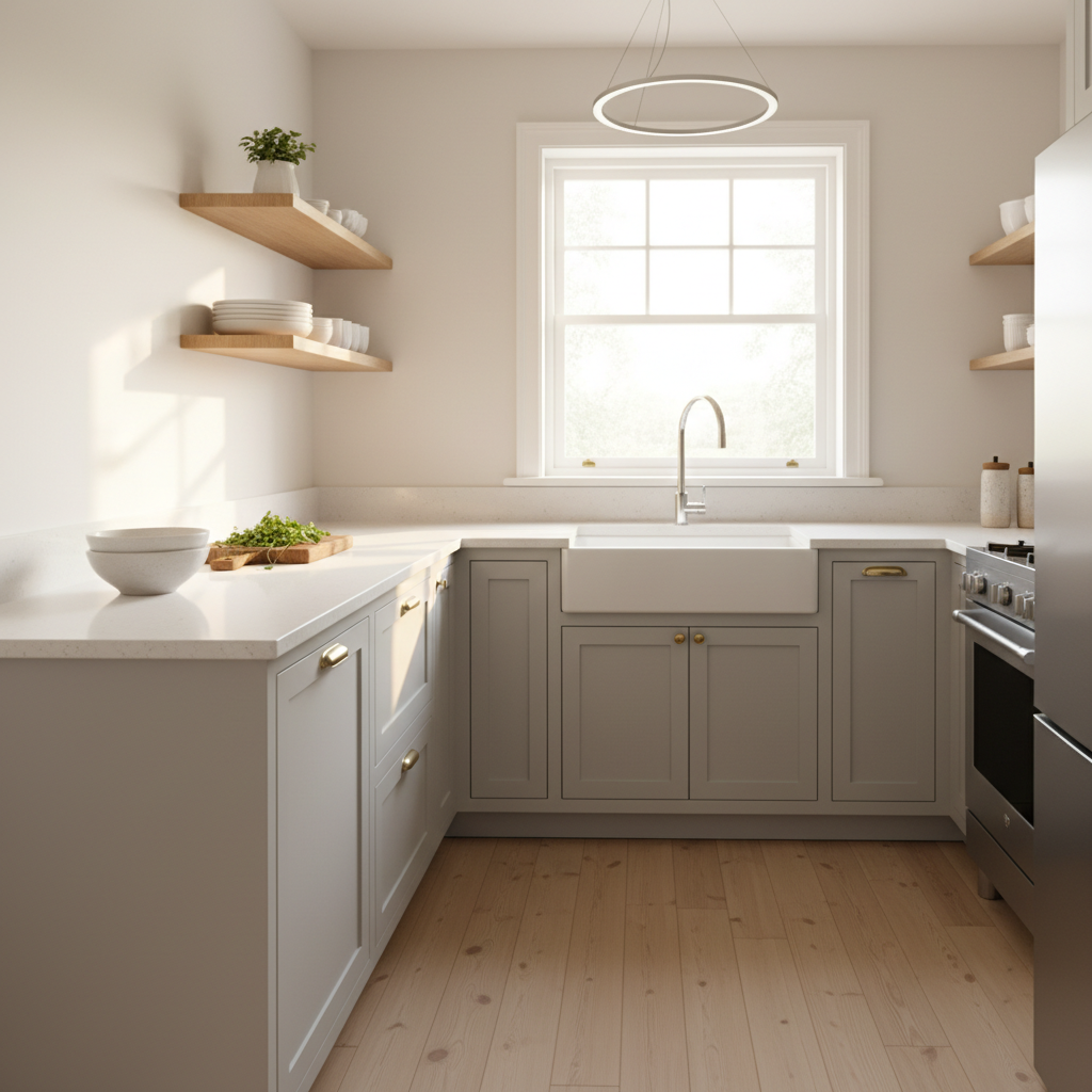 A small kitchen filled with natural light, highlighting the workspace.