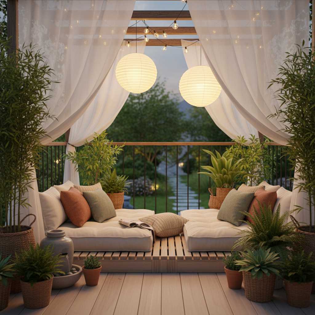 A serene zen balcony with plants, cushions, and soft lighting, showcasing tranquility.