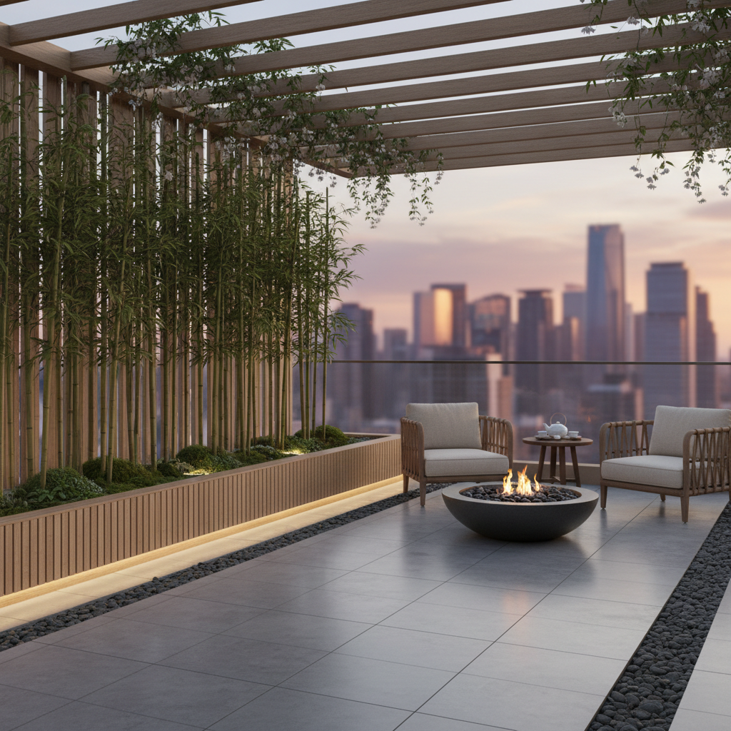 A digital mock-up of a zen balcony designed using AI interior design tools, highlighting various elements.