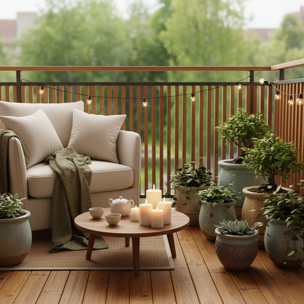 A cozy zen balcony with personal touches like candles, unique plant pots, and comfortable seating.