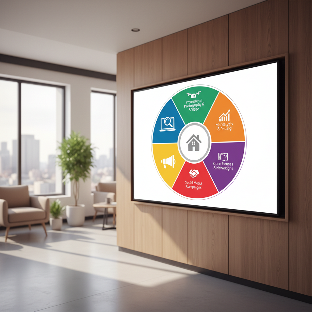 A vibrant infographic showing different real estate marketing strategies.