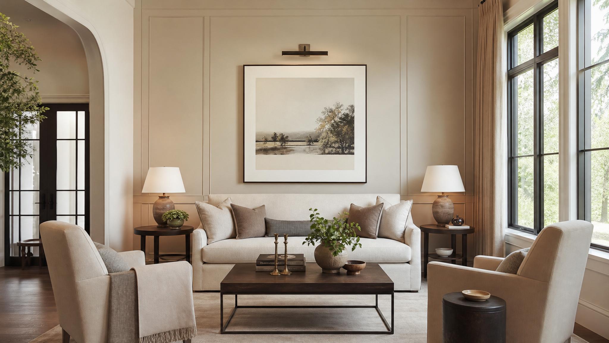 Showcase of a small living room designed for quiet luxury with neutral tones and elegant furnishings.
