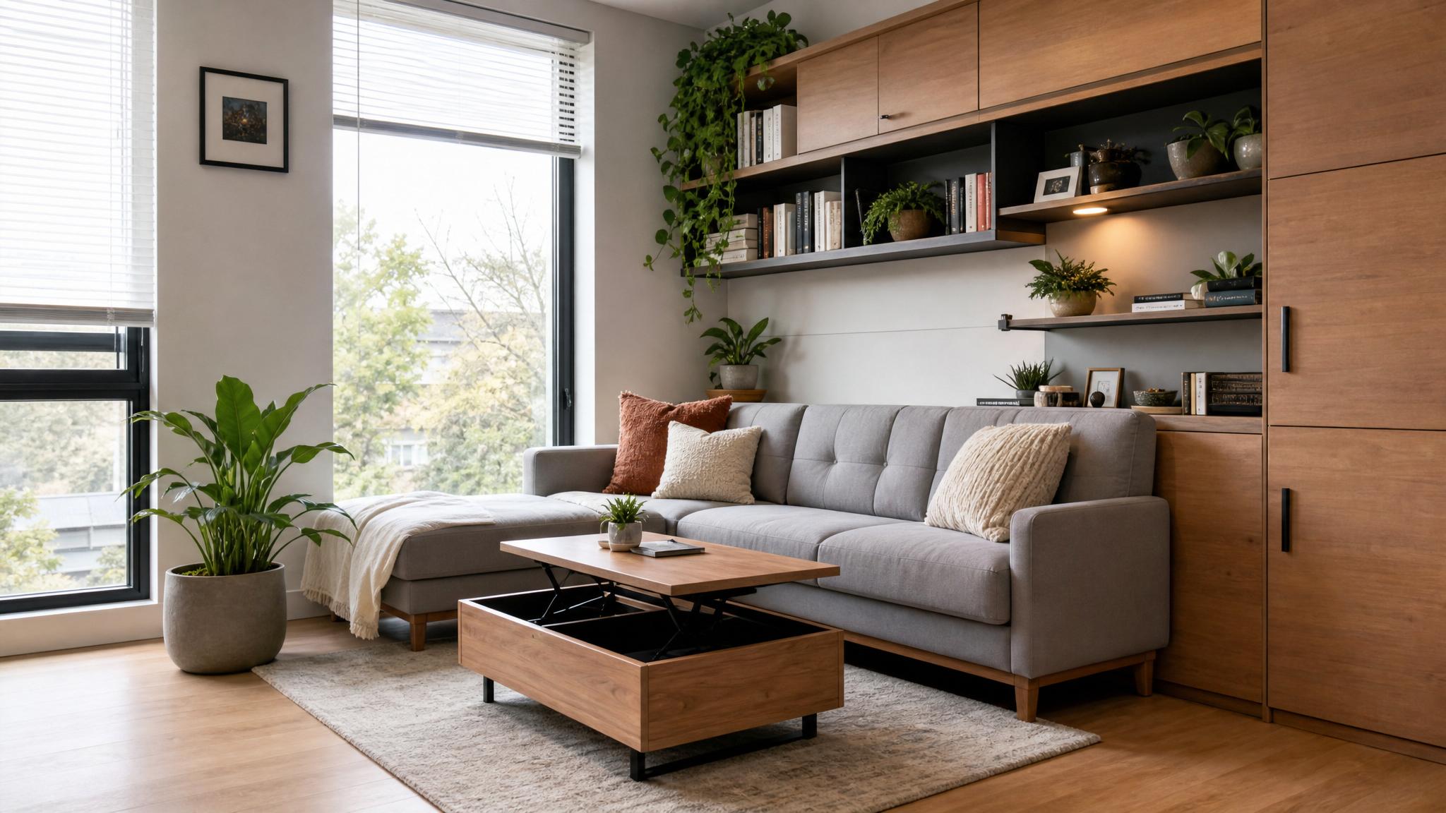 A beautifully designed small living room with multi-functional furniture and wall-mounted shelves.